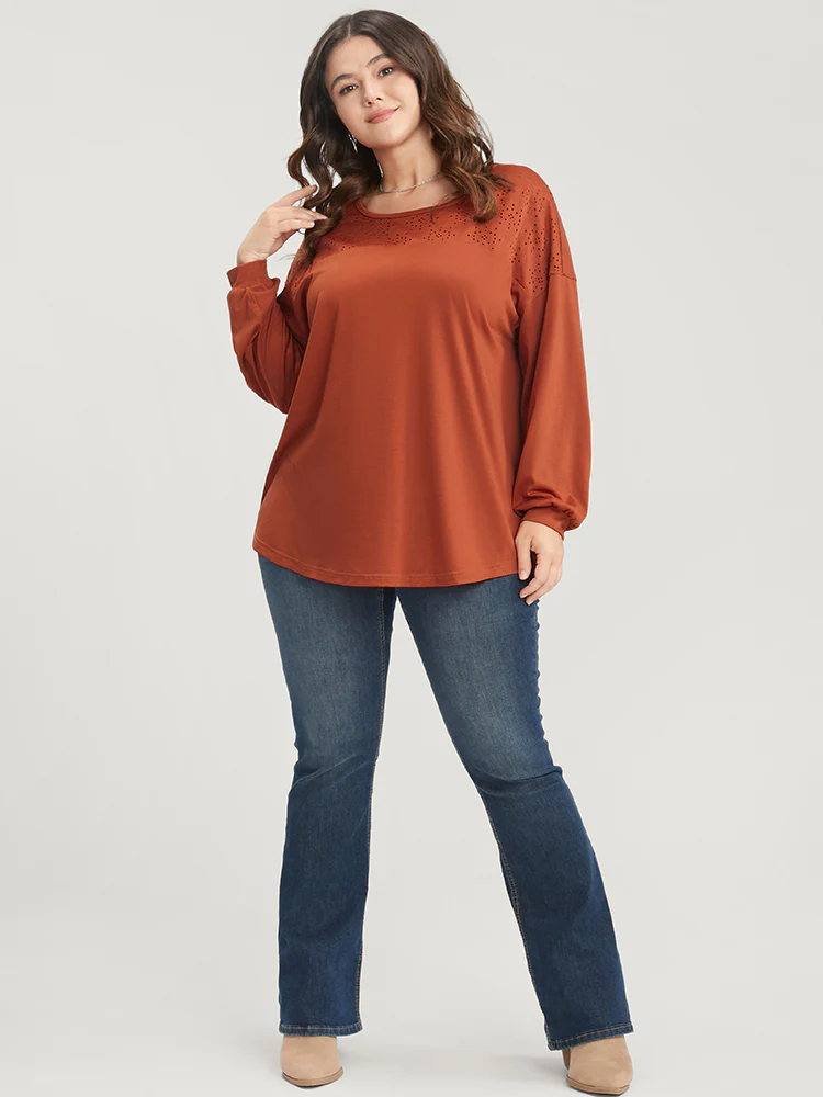 Solid Round Neck Eyelet Insert Long Tee - Image 2