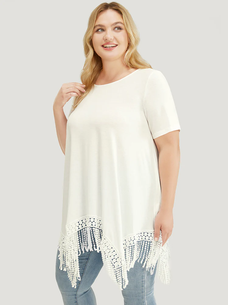 Solid Round Neck Lace Fringe Hem T-shirt - Image 2