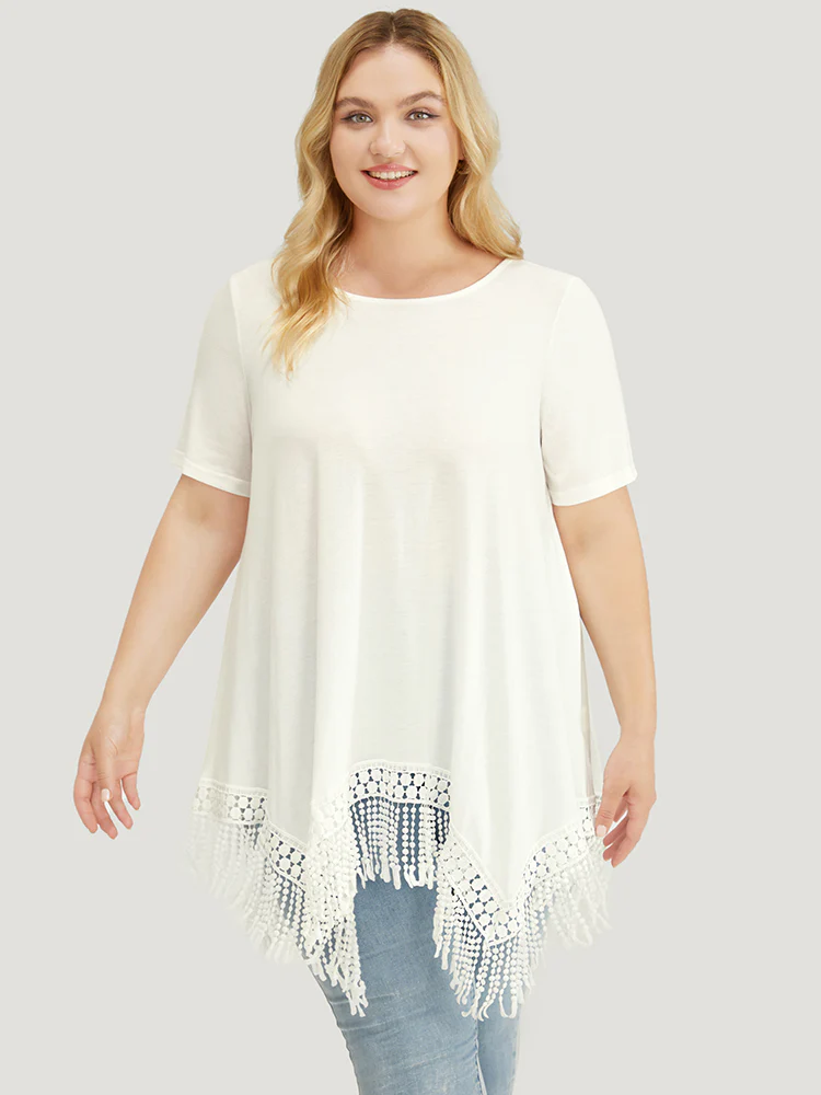 Solid Round Neck Lace Fringe Hem T-shirt - Image 3