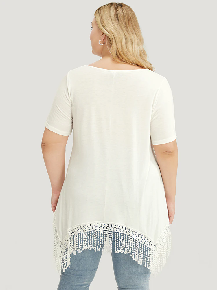 Solid Round Neck Lace Fringe Hem T-shirt - Image 4