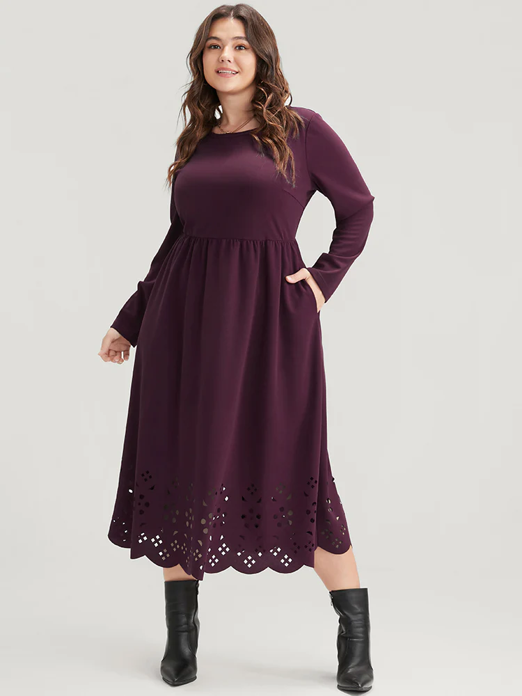 Solid Round Neck Laser Cut Pocket Midi Dress - Image 2