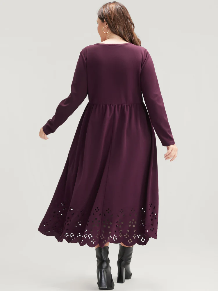 Solid Round Neck Laser Cut Pocket Midi Dress - Image 3