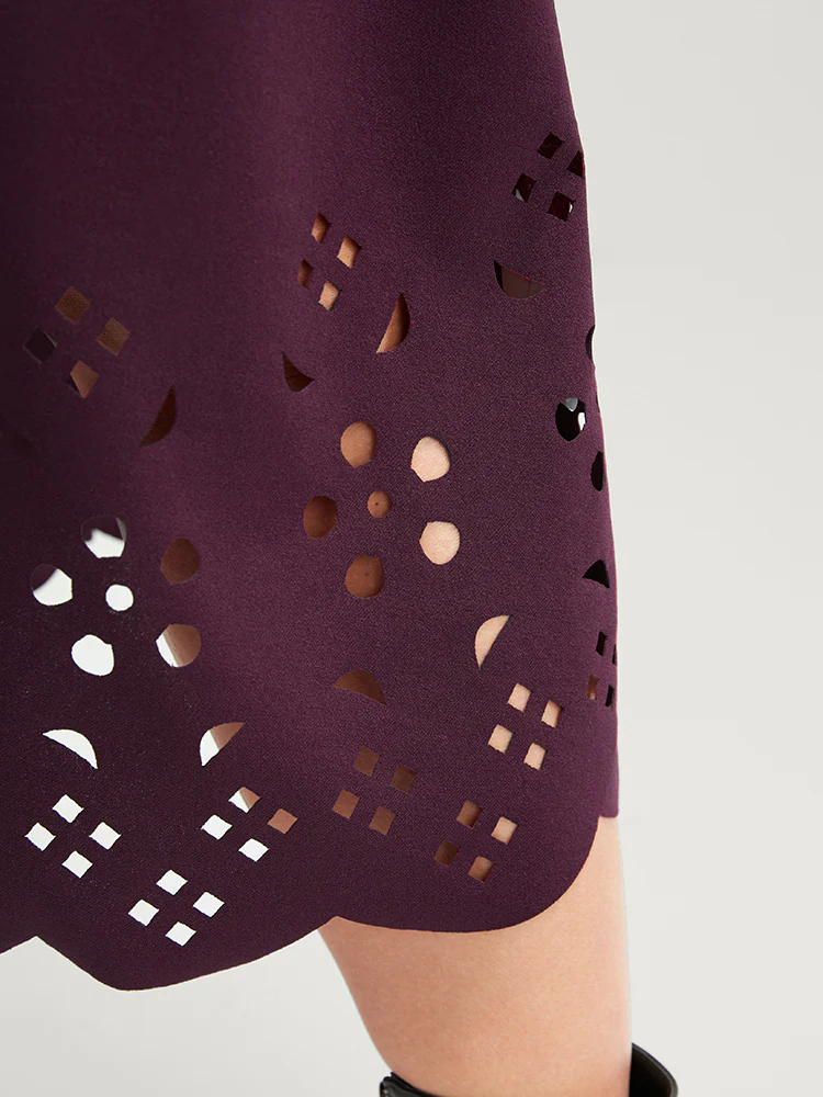 Solid Round Neck Laser Cut Pocket Midi Dress - Image 6