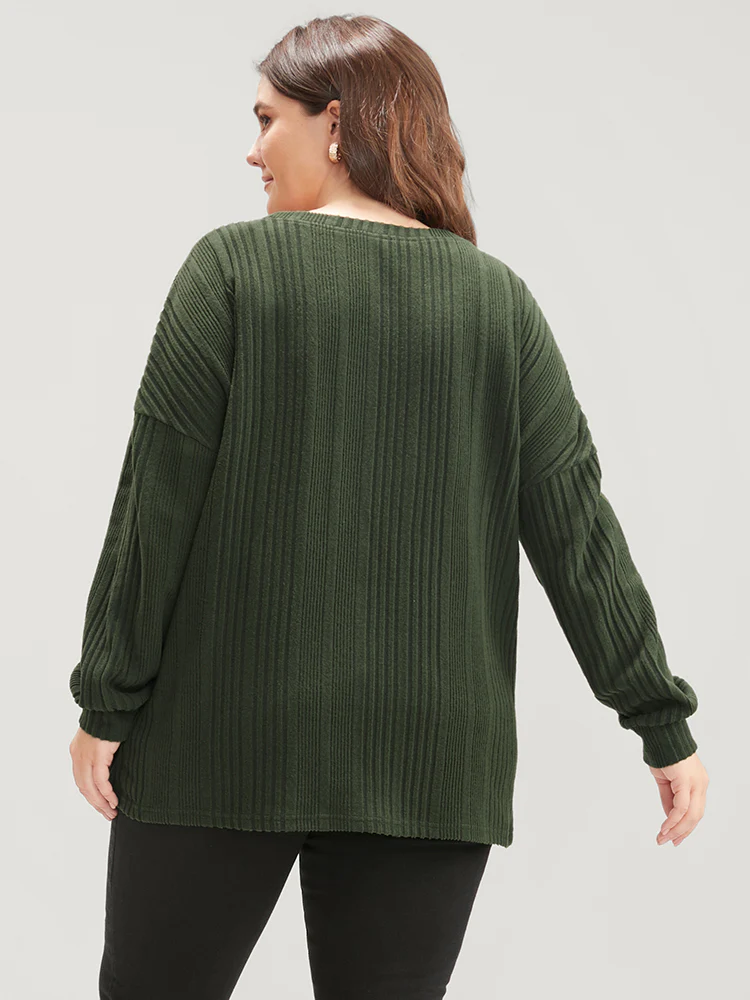 Solid Round Neck Pearls Beaded Rib Knit Sweatshirt - Image 2