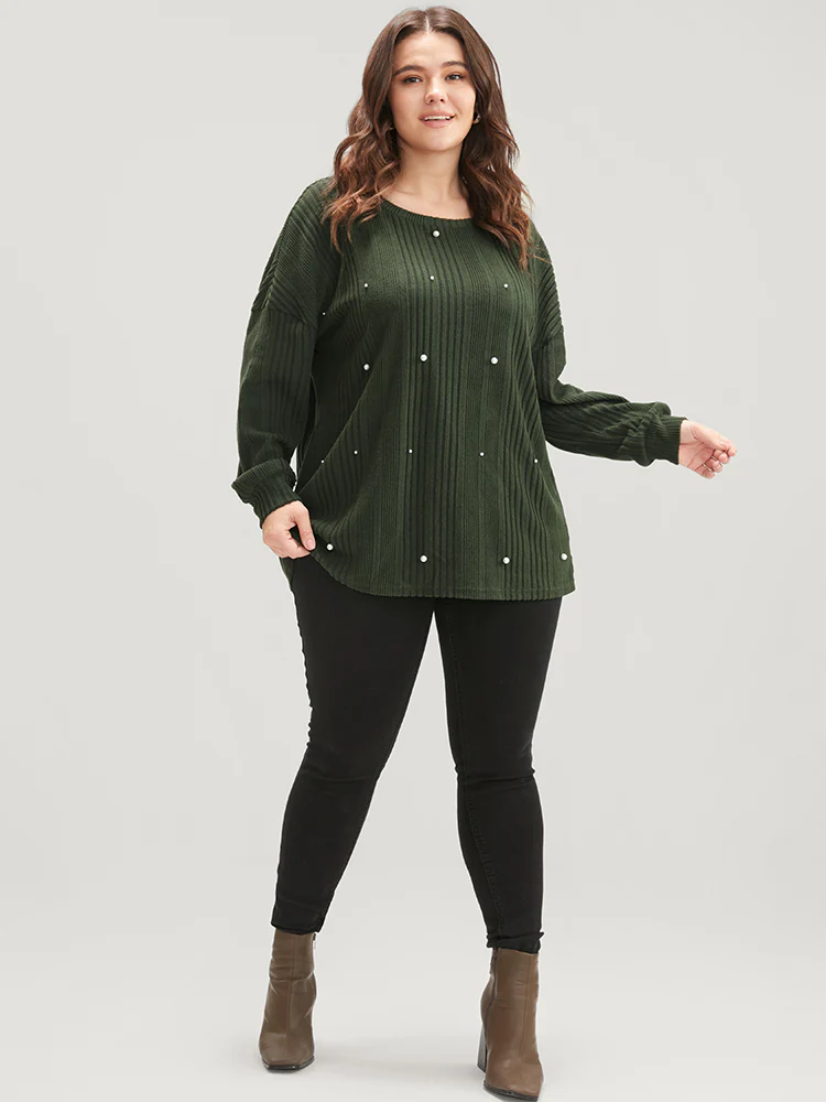 Solid Round Neck Pearls Beaded Rib Knit Sweatshirt - Image 3