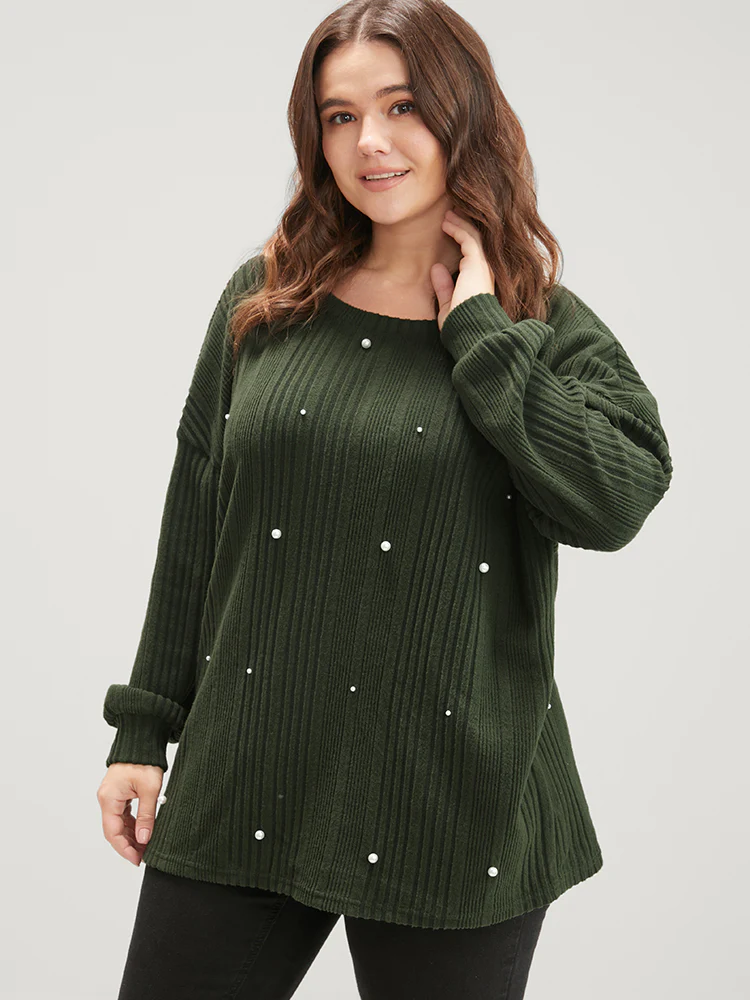 Solid Round Neck Pearls Beaded Rib Knit Sweatshirt - Image 4