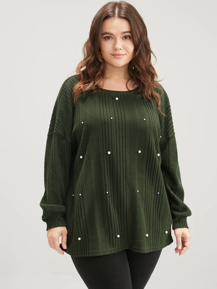 Solid Round Neck Pearls Beaded Rib Knit Sweatshirt - Image 5