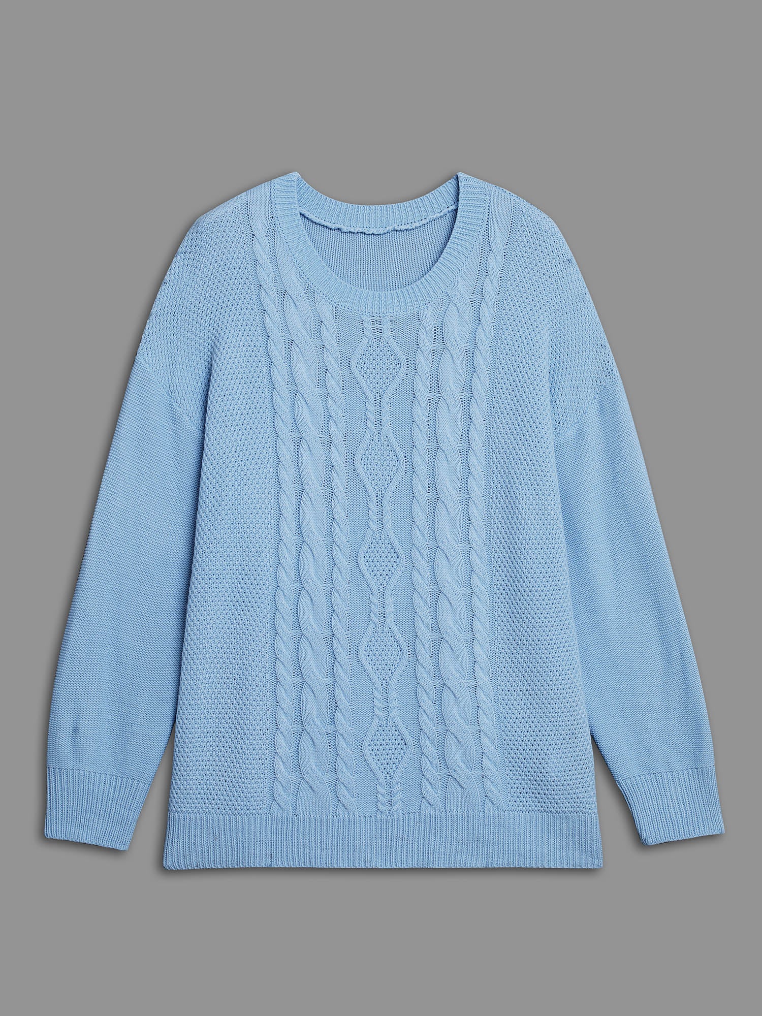 Solid Round Neck Plisse Cable Knit Pullover - Image 8