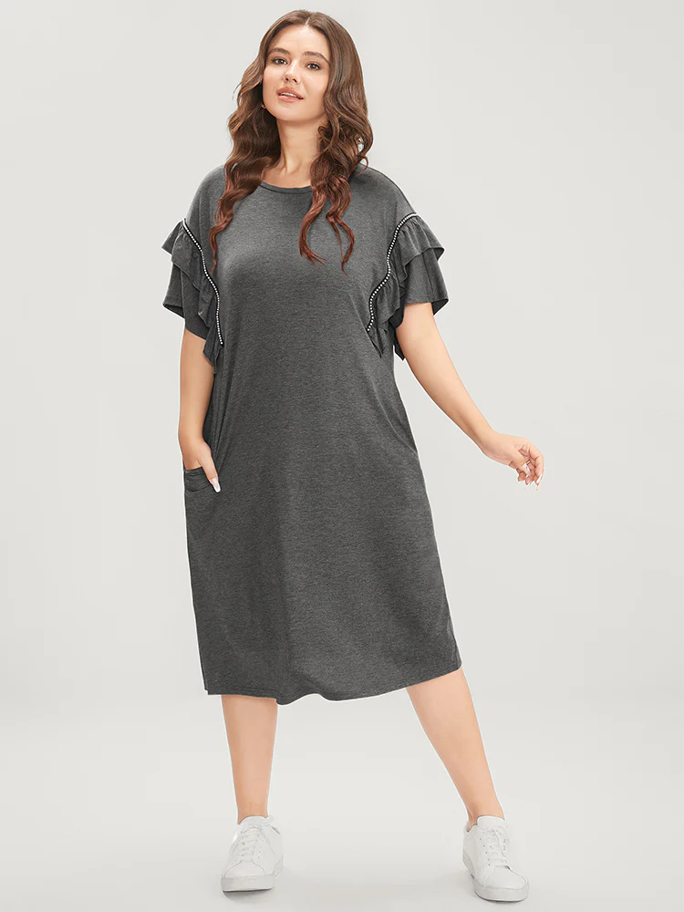 Solid Round Neck Pocket Beaded Webbing Ruffle Trim Dress - Image 2