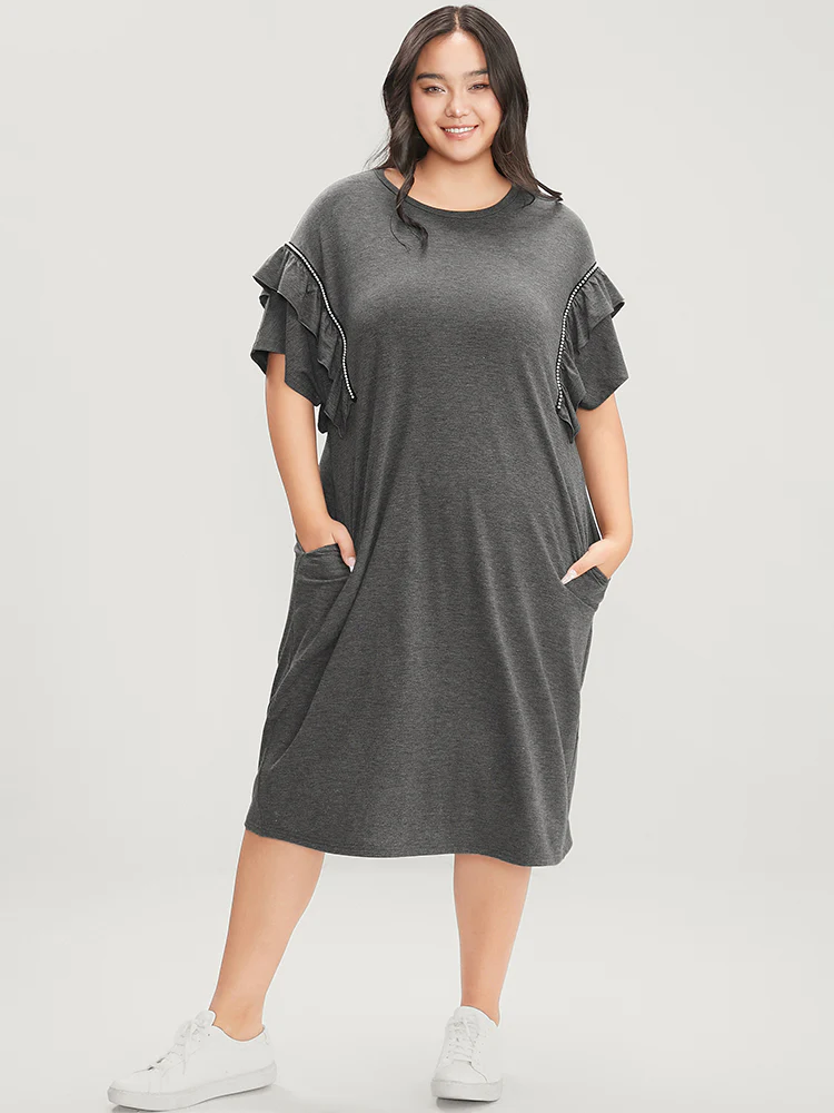 Solid Round Neck Pocket Beaded Webbing Ruffle Trim Dress - Image 3
