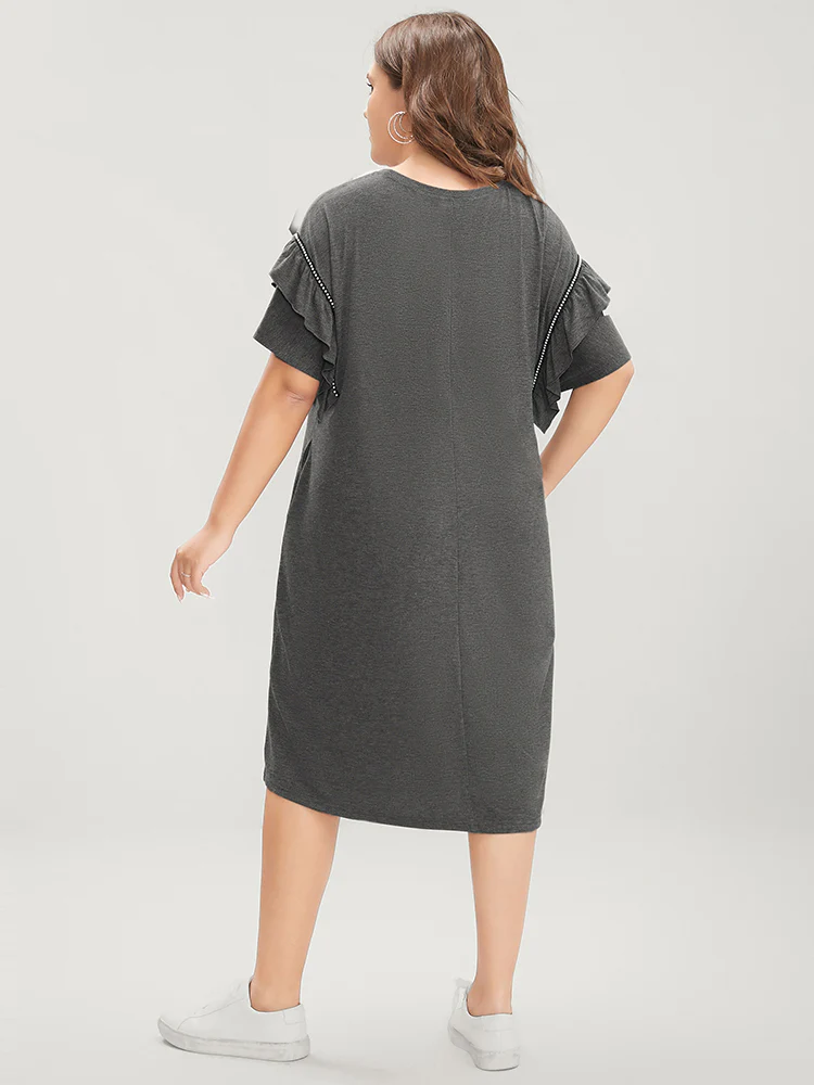 Solid Round Neck Pocket Beaded Webbing Ruffle Trim Dress - Image 8