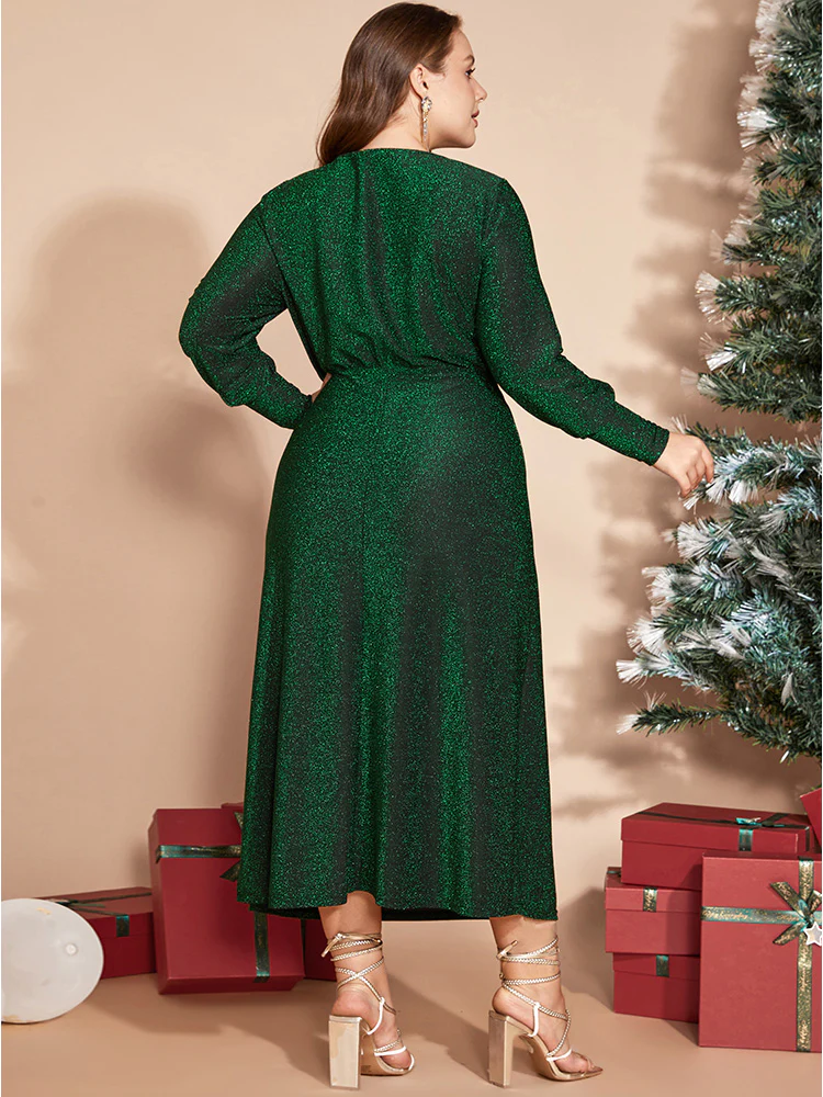 Solid Round Neck Split Hem Glitter Dress - Image 4