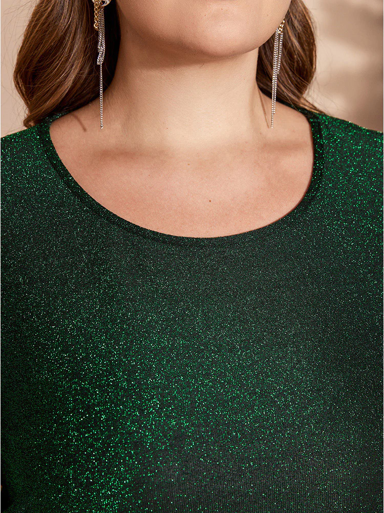 Solid Round Neck Split Hem Glitter Dress - Image 7