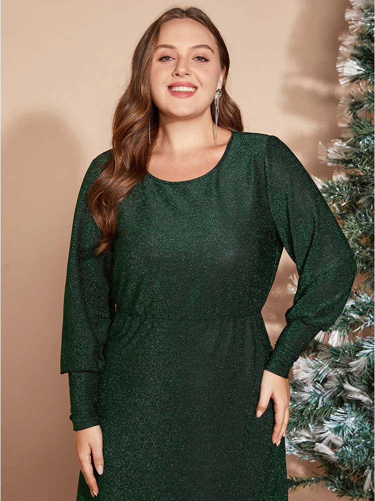 Solid Round Neck Split Hem Glitter Dress - Image 8