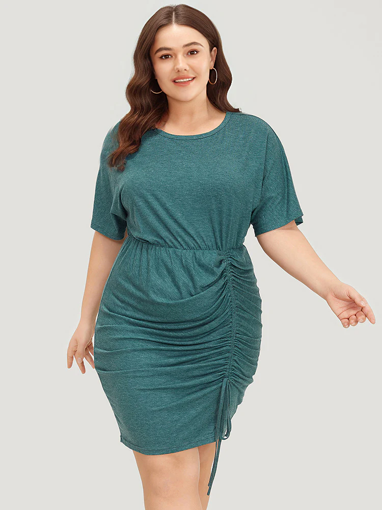 Solid Ruched Drawstring Hem Bodycon Dress - Image 2