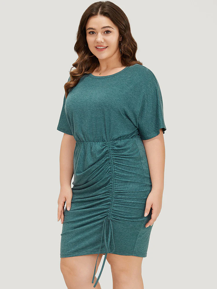 Solid Ruched Drawstring Hem Bodycon Dress - Image 3