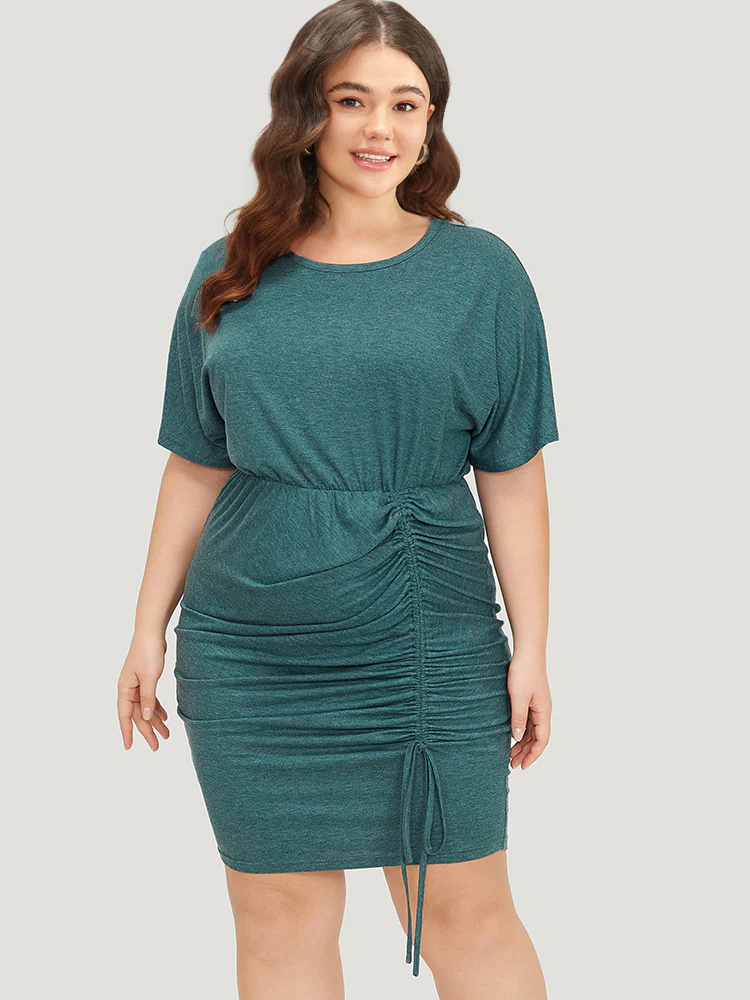 Solid Ruched Drawstring Hem Bodycon Dress - Image 4