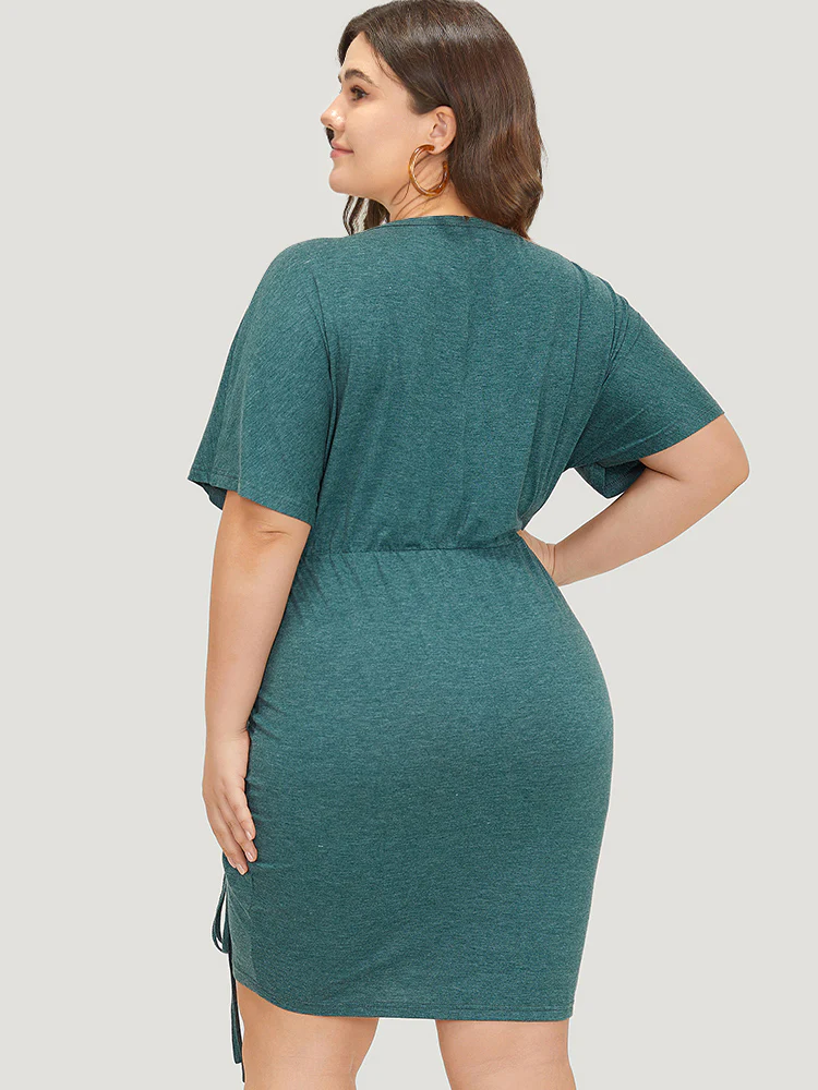 Solid Ruched Drawstring Hem Bodycon Dress - Image 6