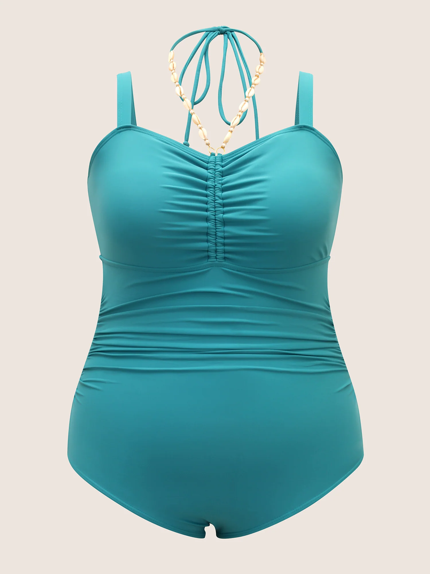 Solid Ruched Shell Chain Detail One Piece Swimsuit - Image 7