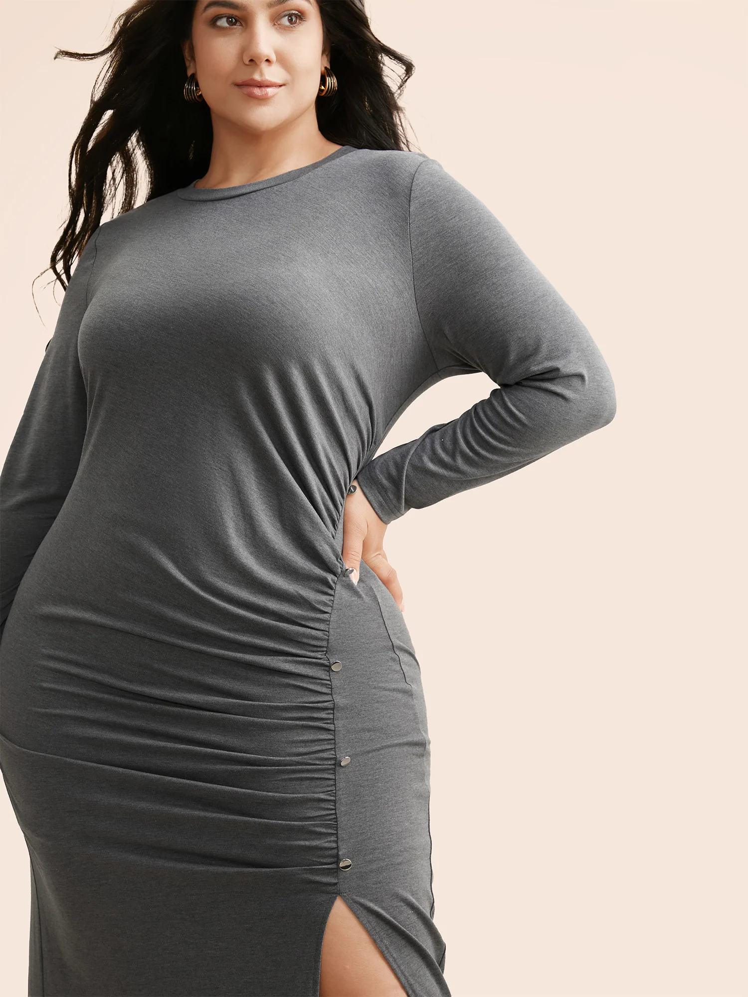 Solid Ruched Split Hem Dress - Image 2