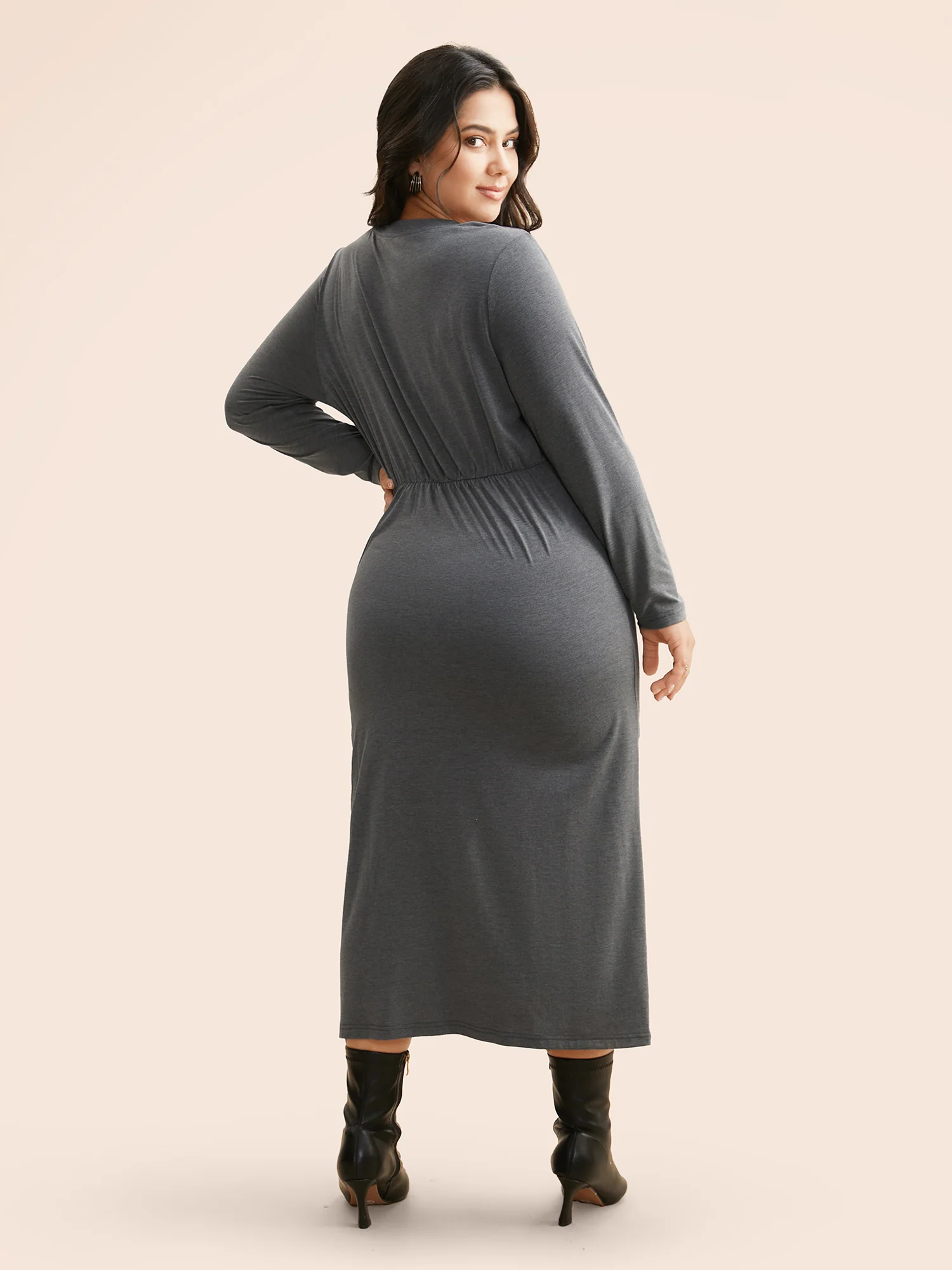 Solid Ruched Split Hem Dress - Image 4