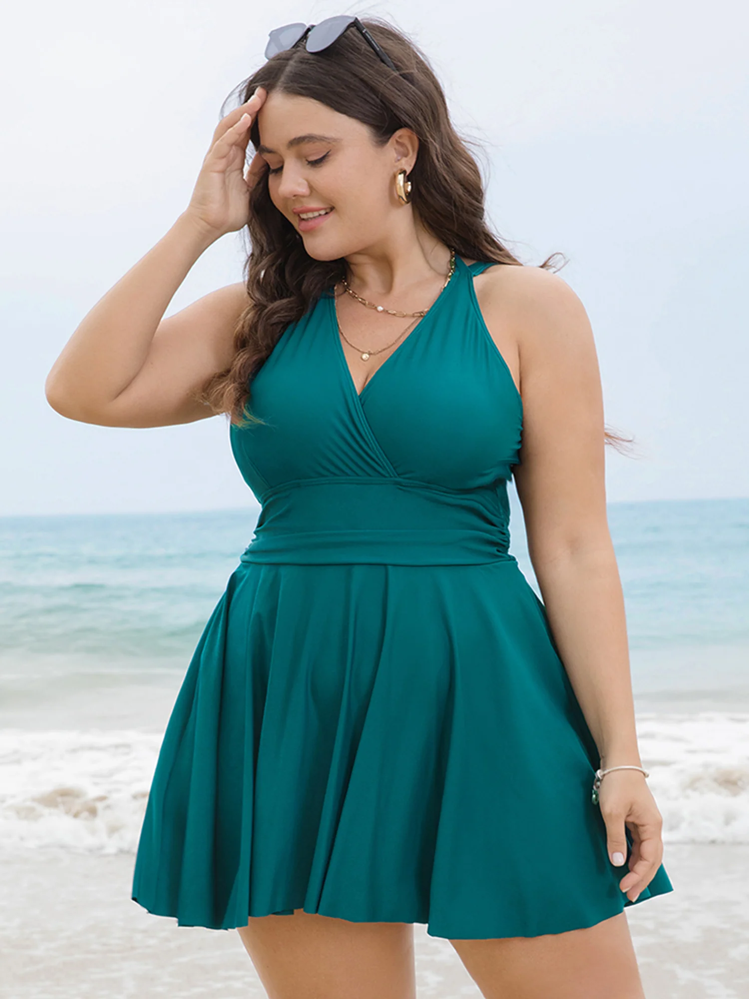 Solid Ruffle Hem Empire Waist Halter Neck Swim Dress