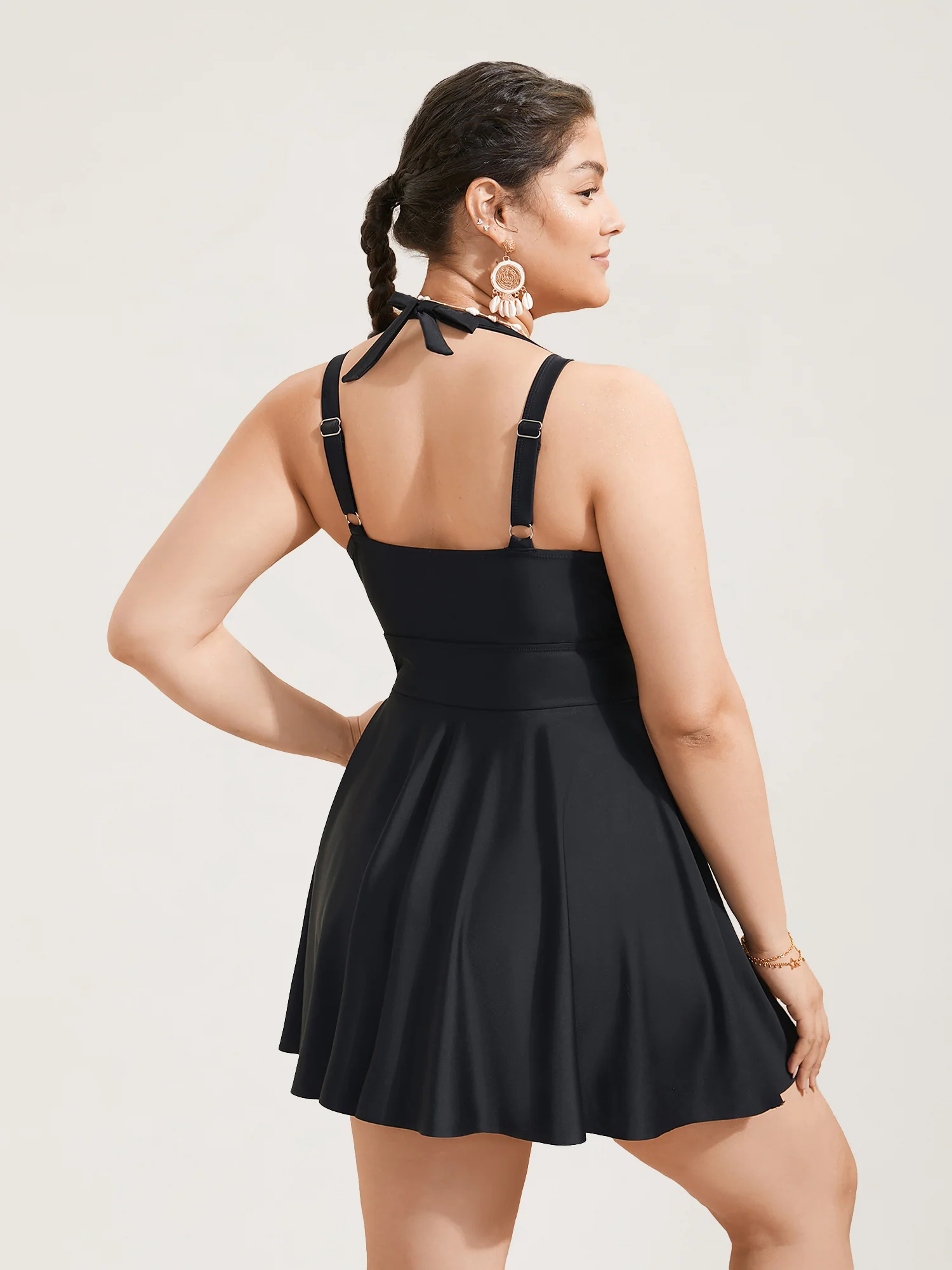 Solid Ruffle Hem Empire Waist Halter Neck Swim Dress - Image 13