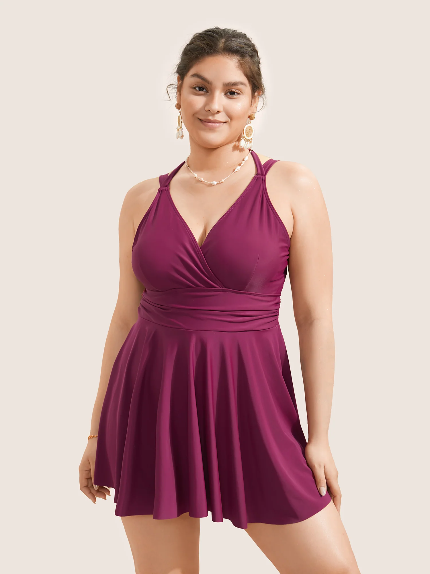 Solid Ruffle Hem Empire Waist Halter Neck Swim Dress - Image 20