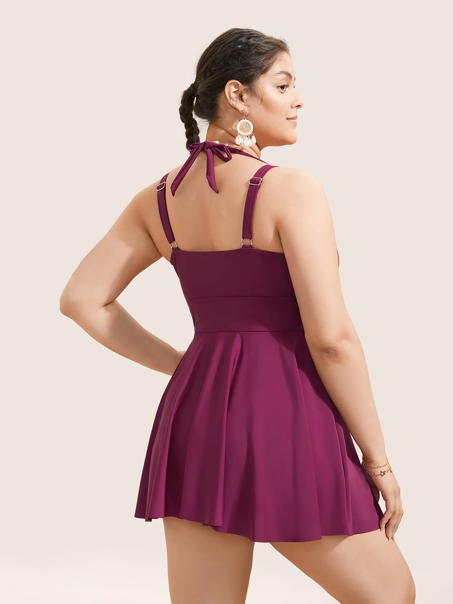 Solid Ruffle Hem Empire Waist Halter Neck Swim Dress - Image 21