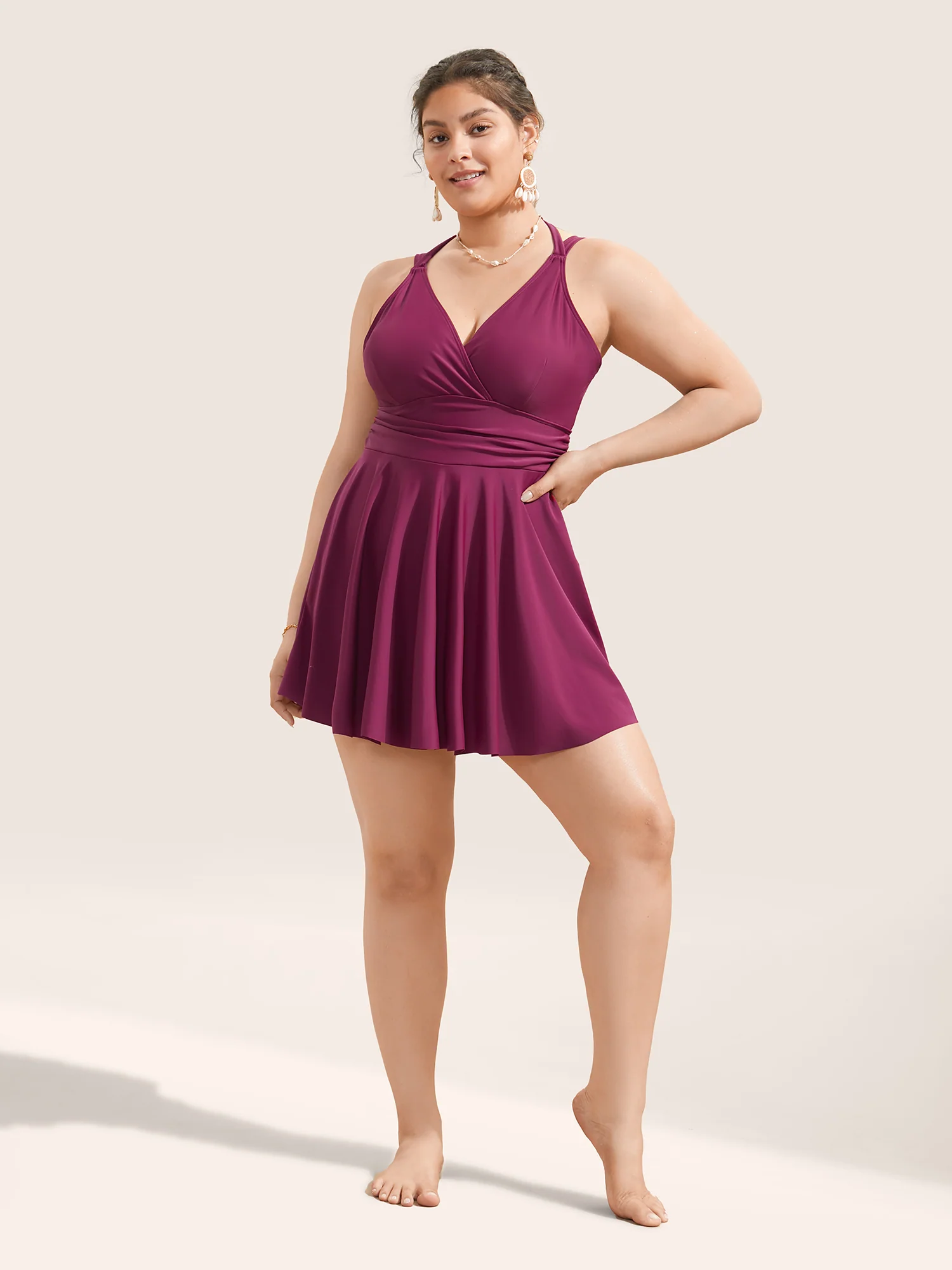 Solid Ruffle Hem Empire Waist Halter Neck Swim Dress - Image 22