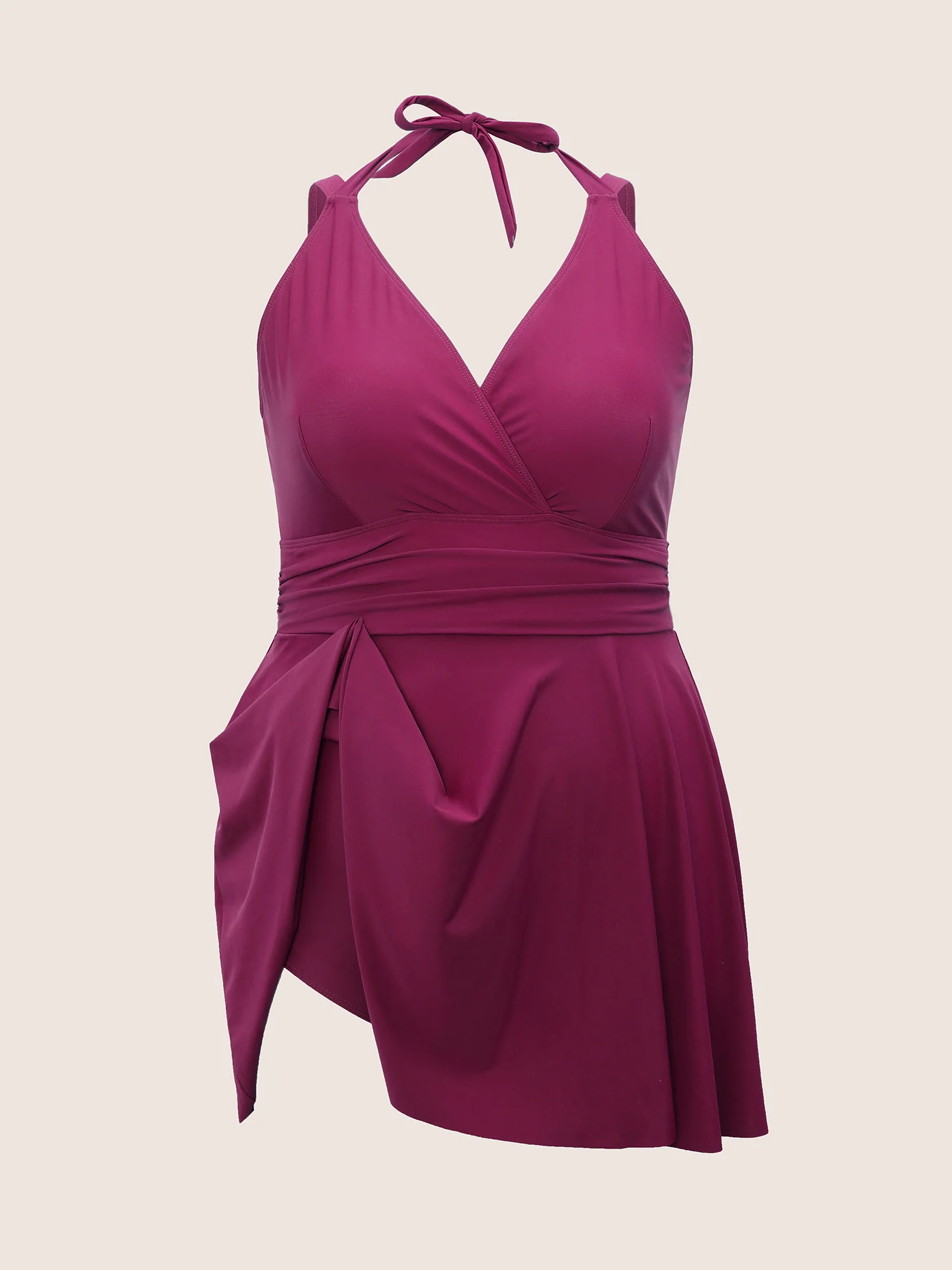 Solid Ruffle Hem Empire Waist Halter Neck Swim Dress - Image 25