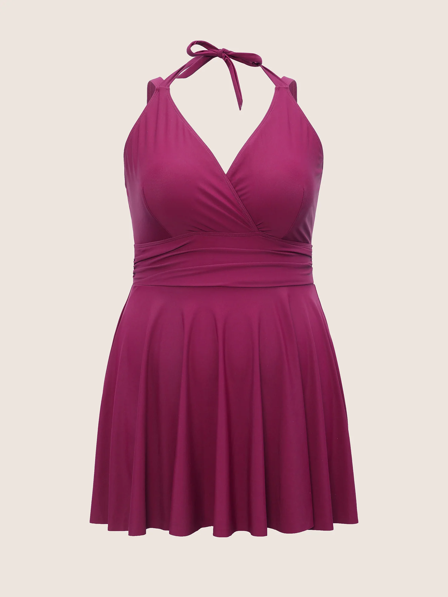 Solid Ruffle Hem Empire Waist Halter Neck Swim Dress - Image 26