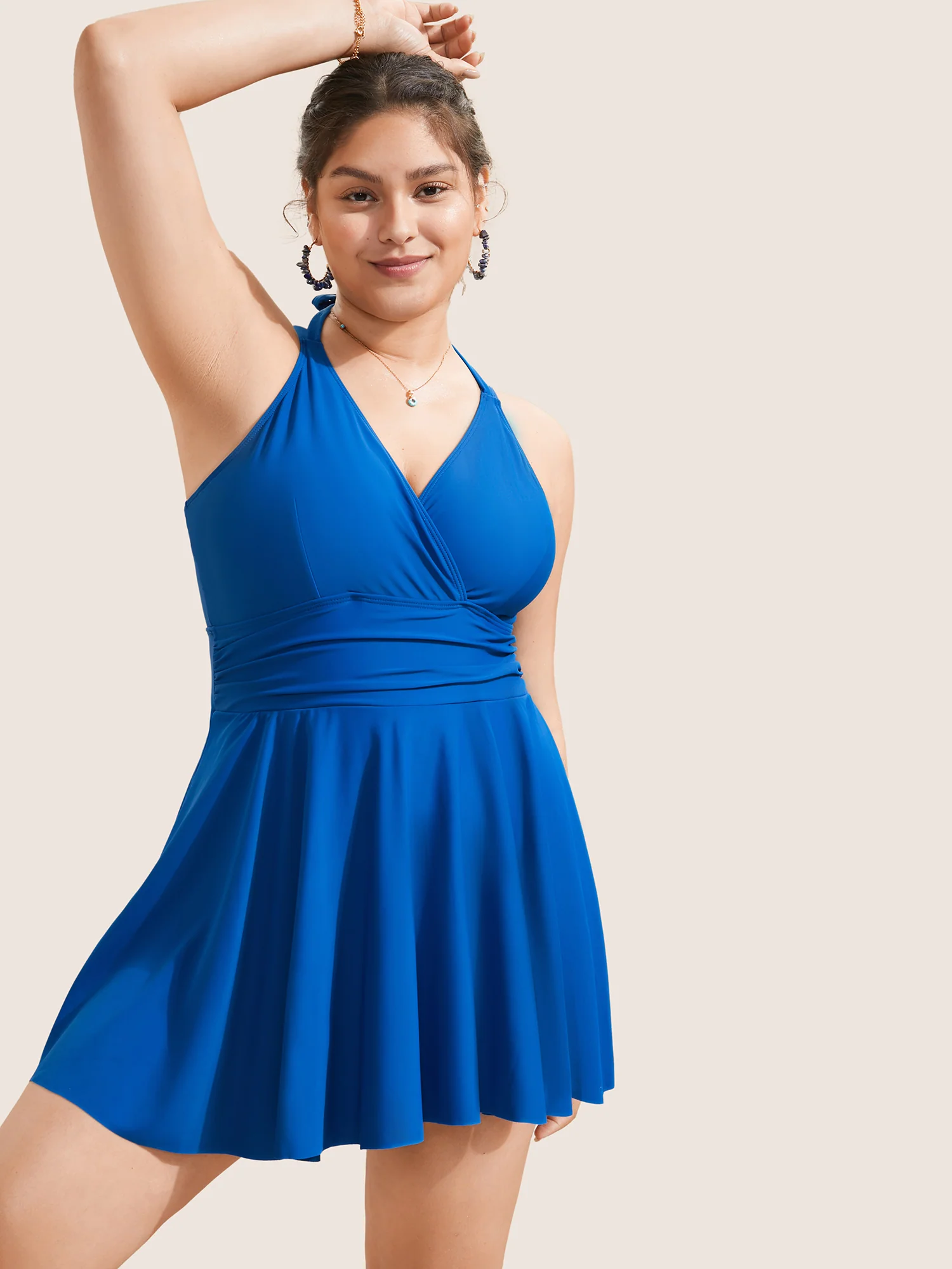 Solid Ruffle Hem Empire Waist Halter Neck Swim Dress - Image 27