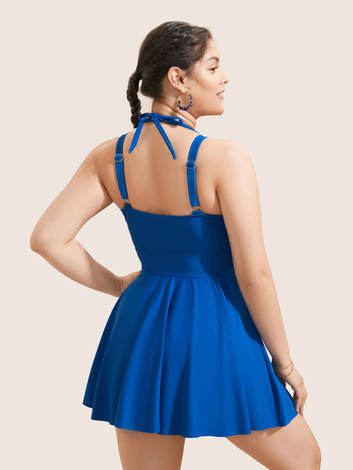 Solid Ruffle Hem Empire Waist Halter Neck Swim Dress - Image 28