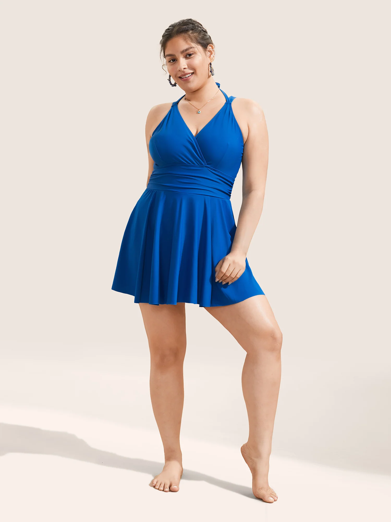 Solid Ruffle Hem Empire Waist Halter Neck Swim Dress - Image 29