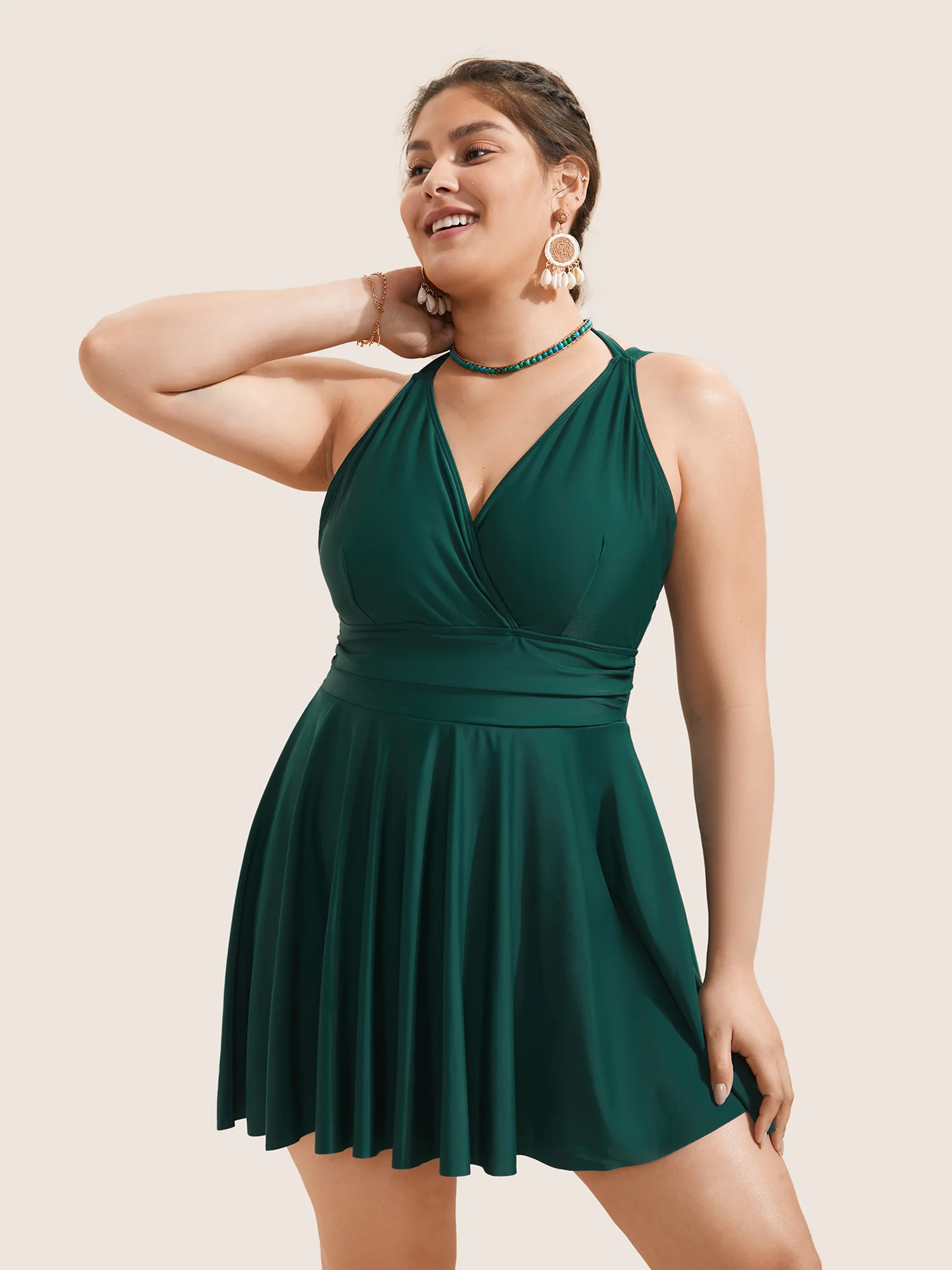 Solid Ruffle Hem Empire Waist Halter Neck Swim Dress - Image 35
