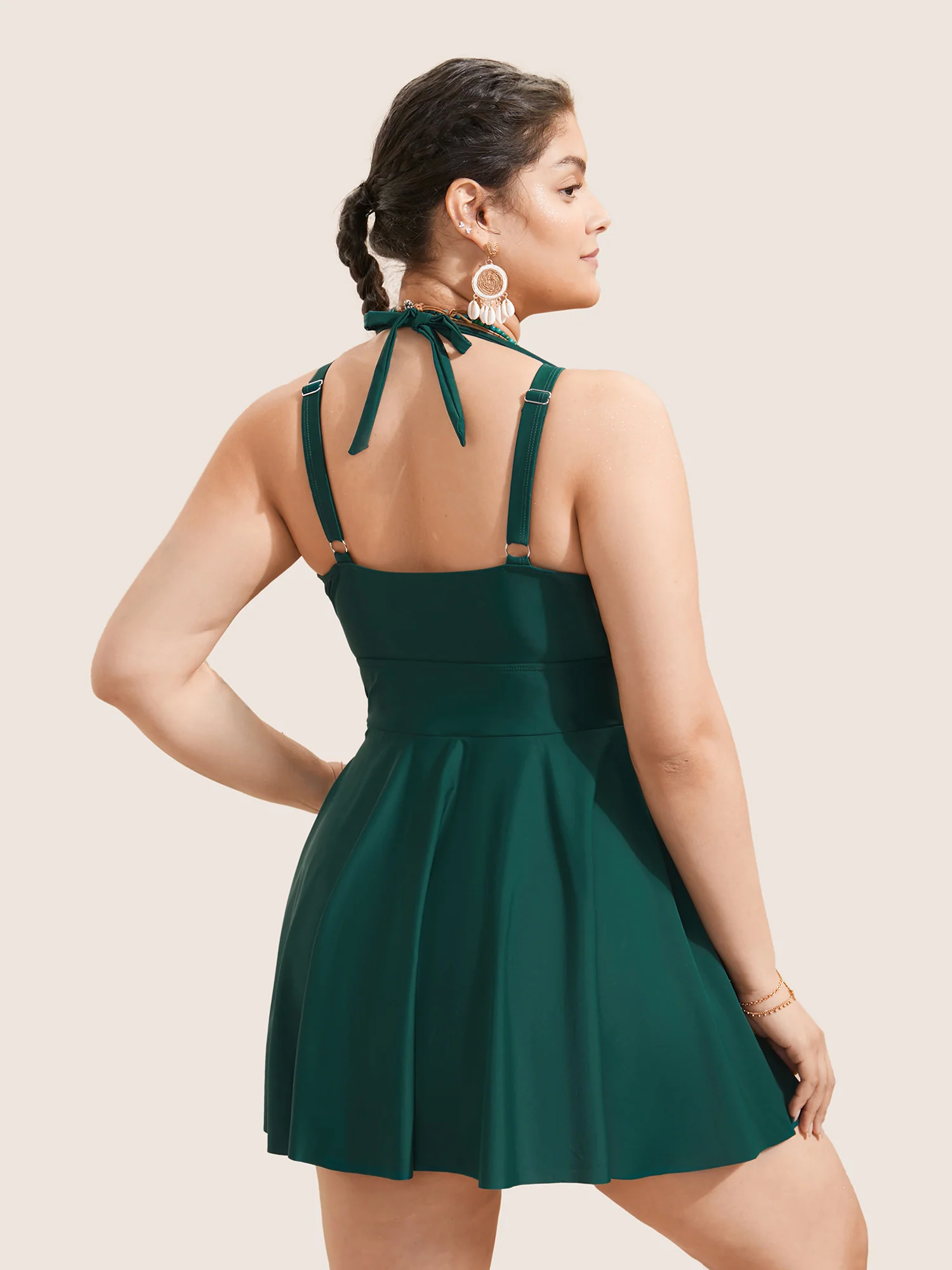 Solid Ruffle Hem Empire Waist Halter Neck Swim Dress - Image 36