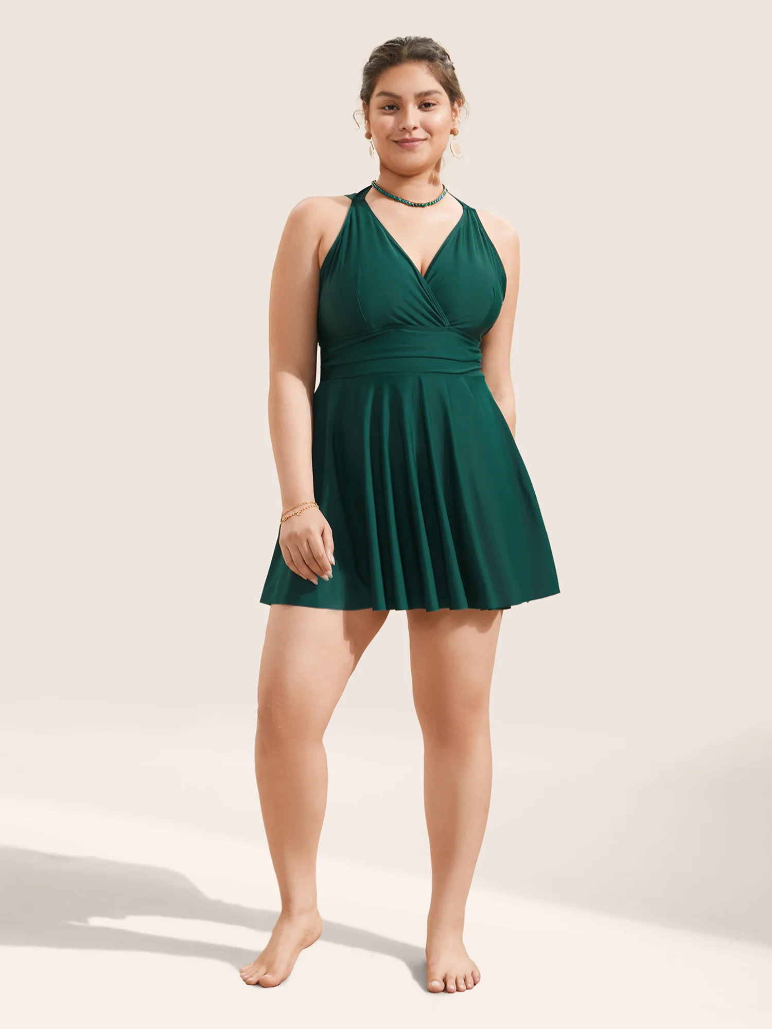 Solid Ruffle Hem Empire Waist Halter Neck Swim Dress - Image 38