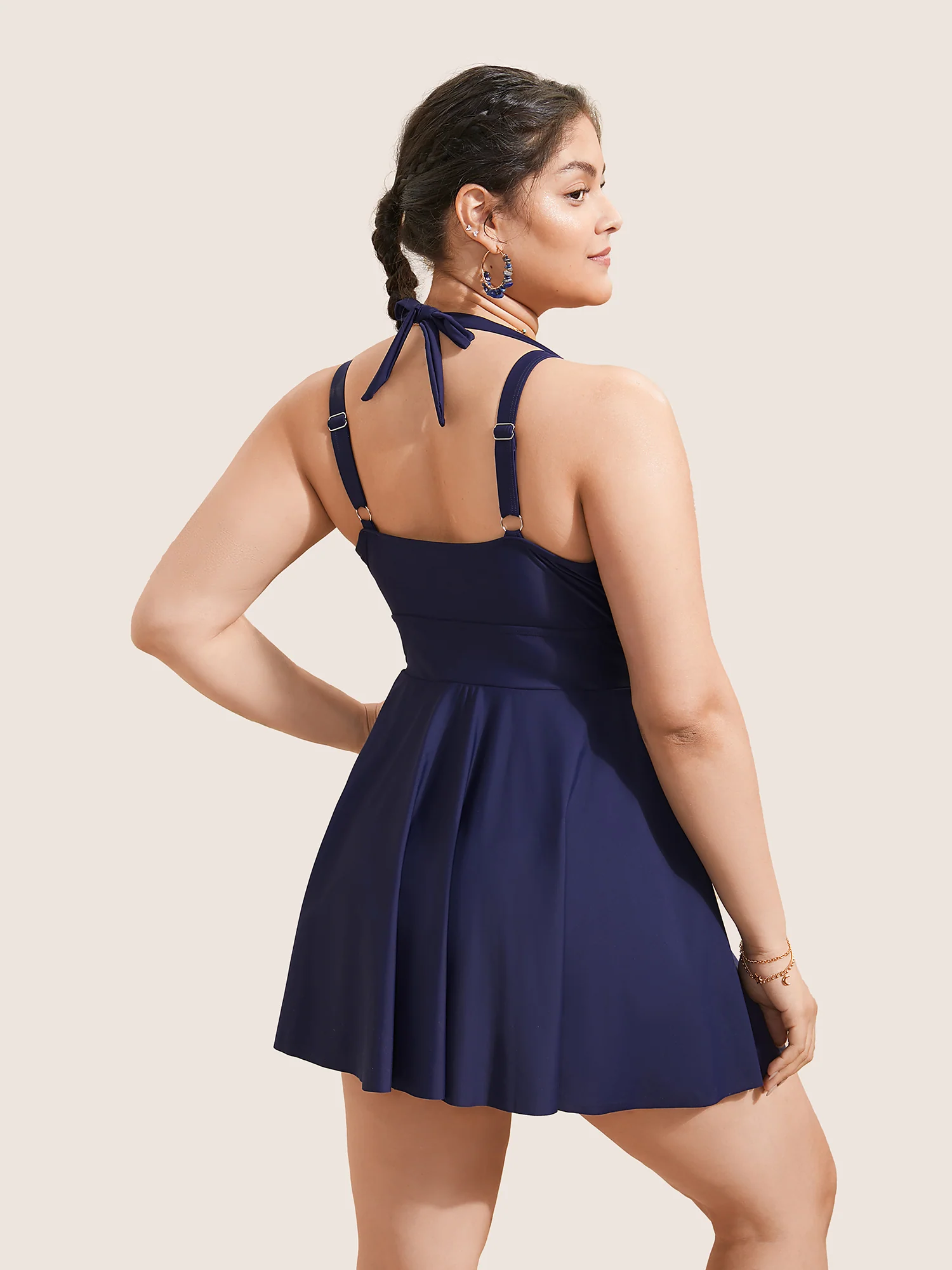 Solid Ruffle Hem Empire Waist Halter Neck Swim Dress - Image 44