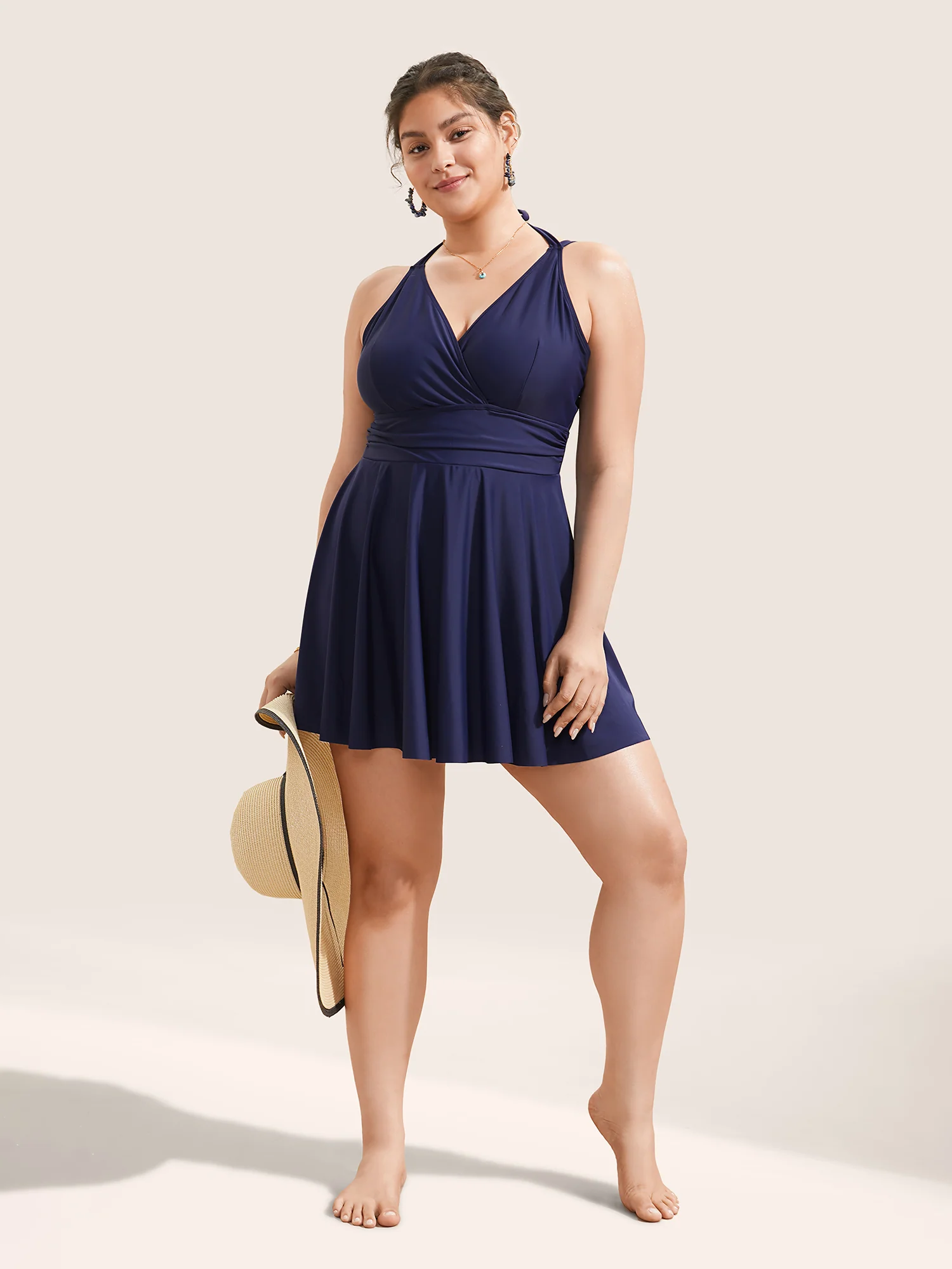 Solid Ruffle Hem Empire Waist Halter Neck Swim Dress - Image 46