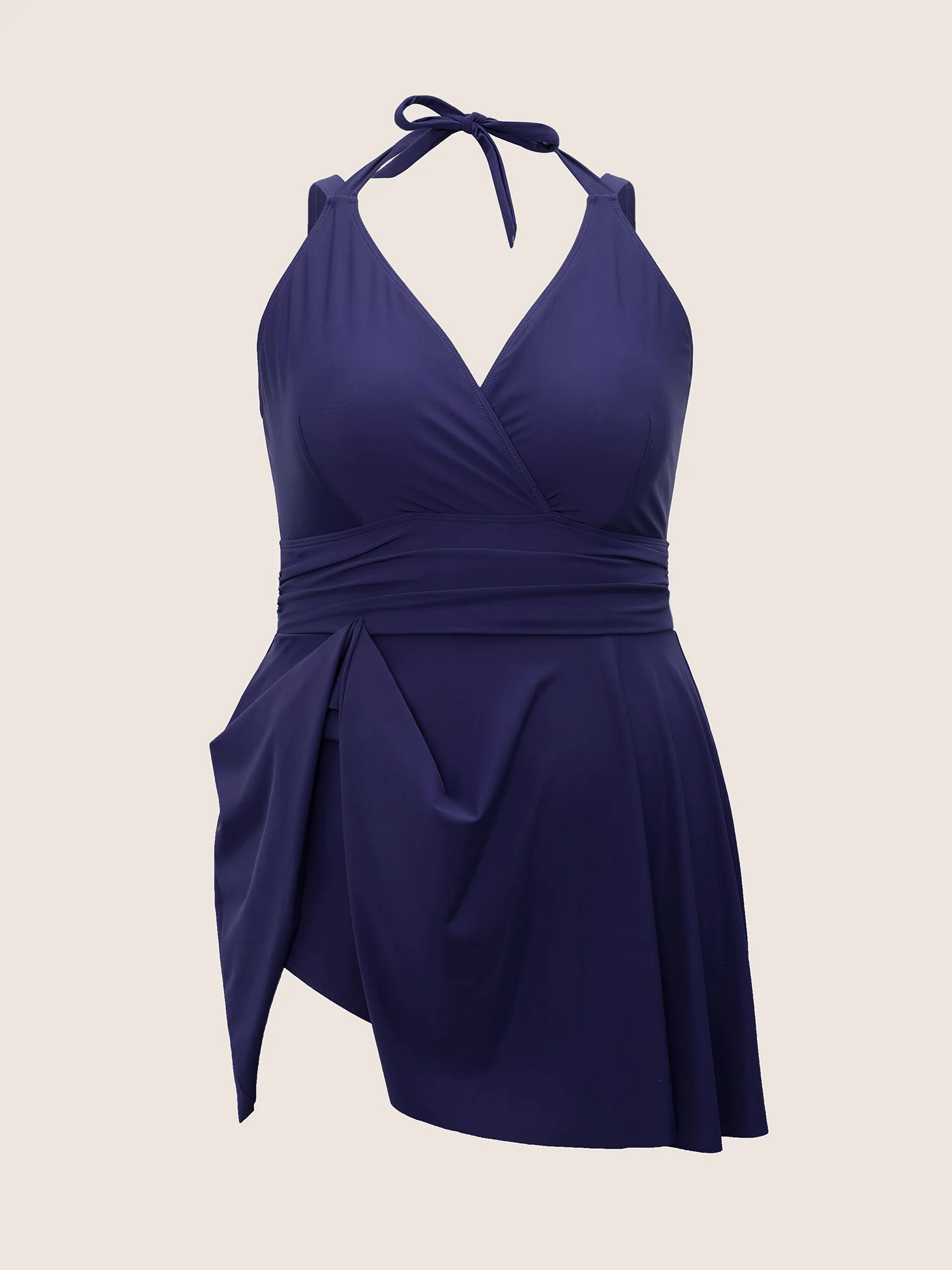 Solid Ruffle Hem Empire Waist Halter Neck Swim Dress - Image 49
