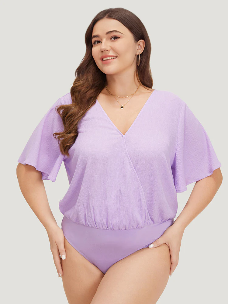 Solid Ruffle Sleeve V Neck Ruched Bodysuit - Image 2
