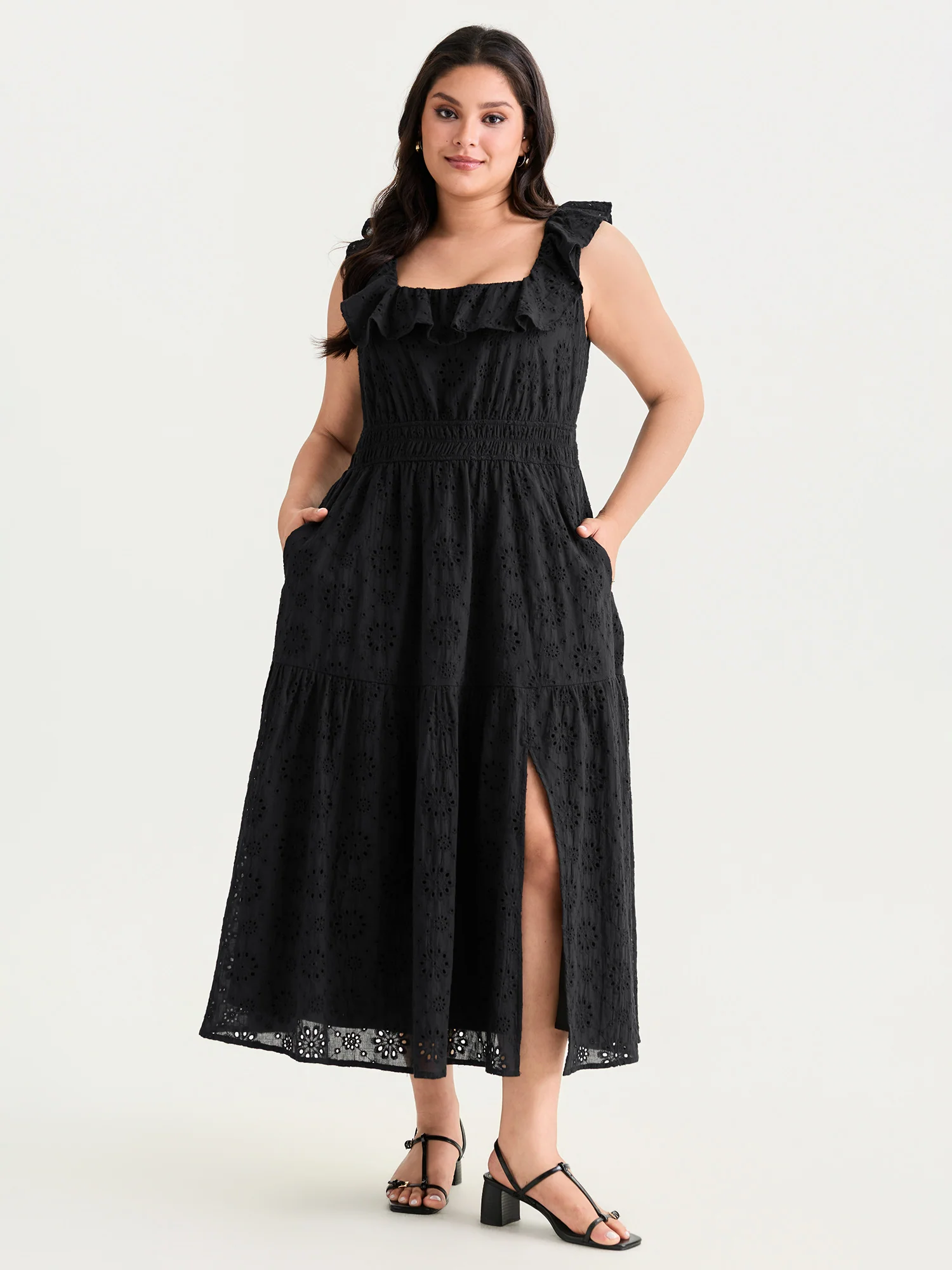 Solid Ruffle Square Neck Trim Maxi Dress