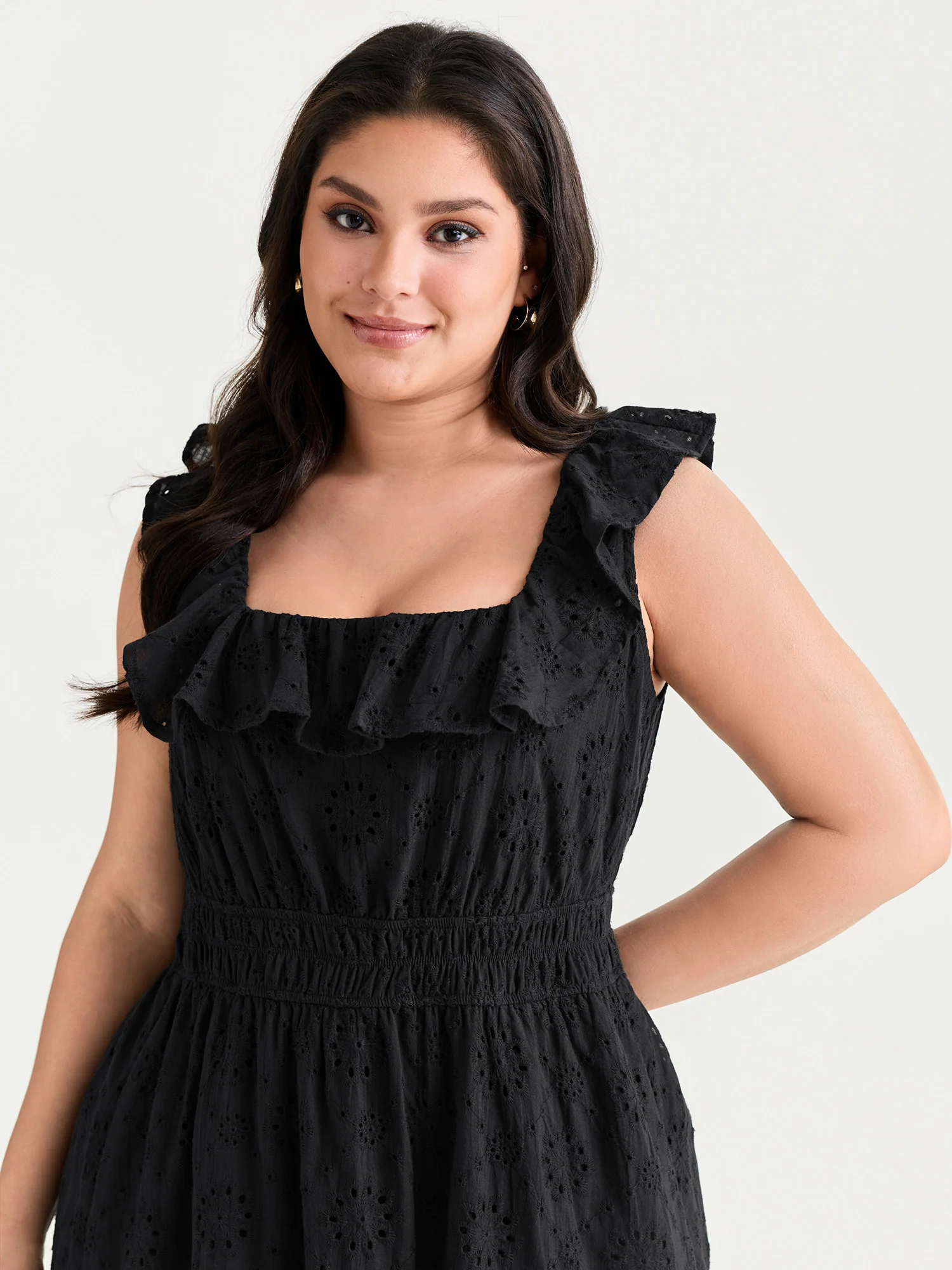 Solid Ruffle Square Neck Trim Maxi Dress - Image 2