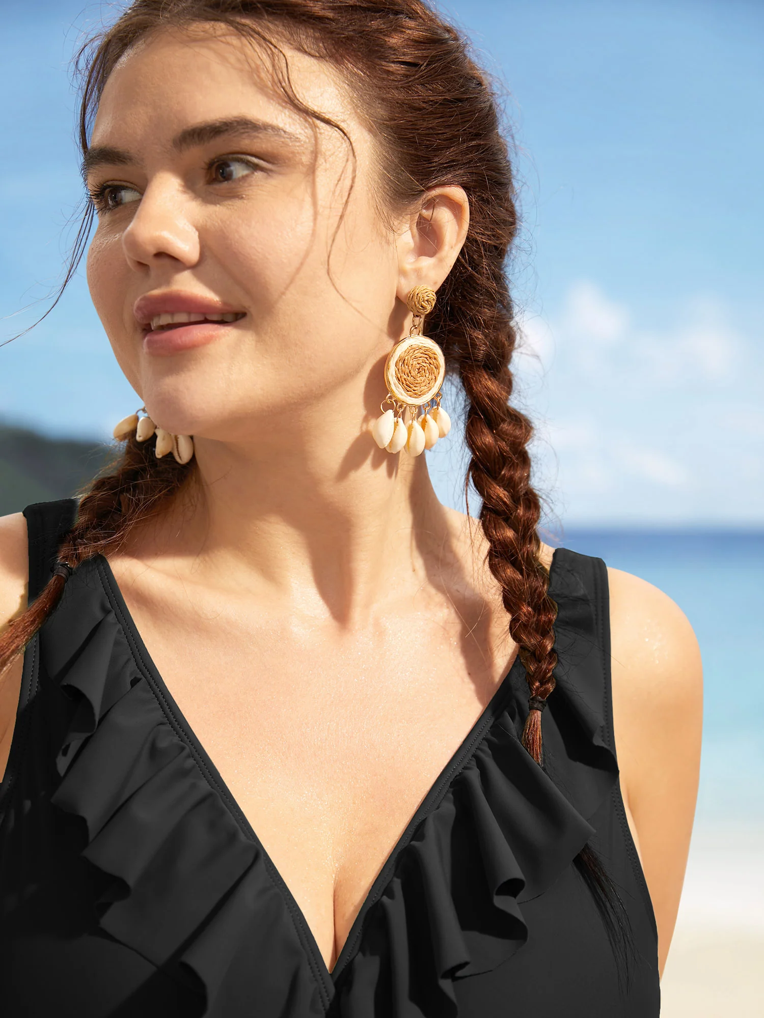 Solid Ruffle Surplice Neck Trim Swim Top - Image 3