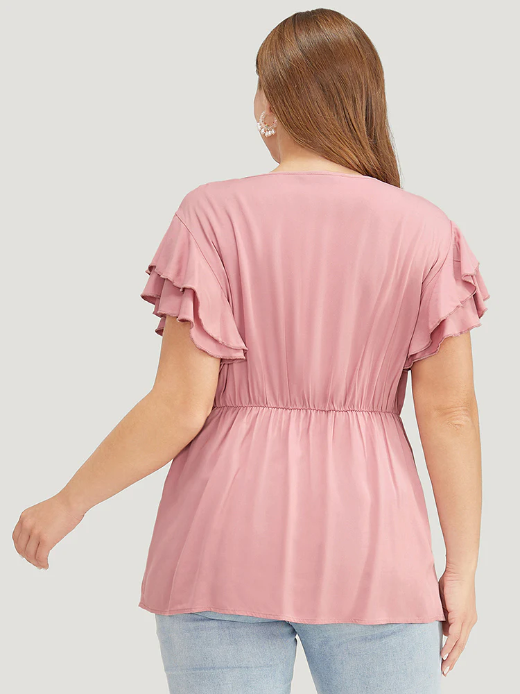 Solid Ruffle Tiered Sleeve Gathered Button Up Blouse - Image 2