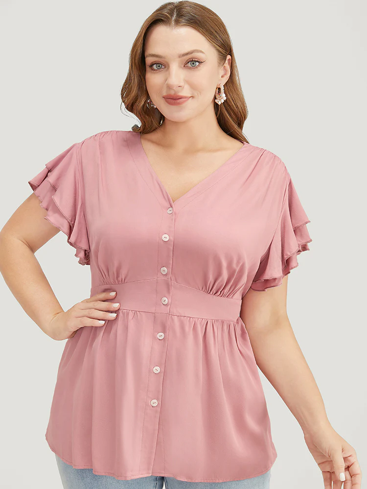 Solid Ruffle Tiered Sleeve Gathered Button Up Blouse - Image 3