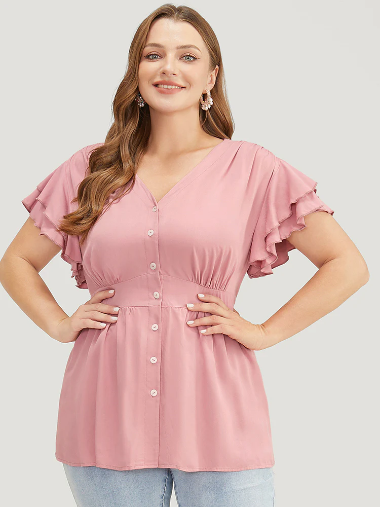 Solid Ruffle Tiered Sleeve Gathered Button Up Blouse - Image 4