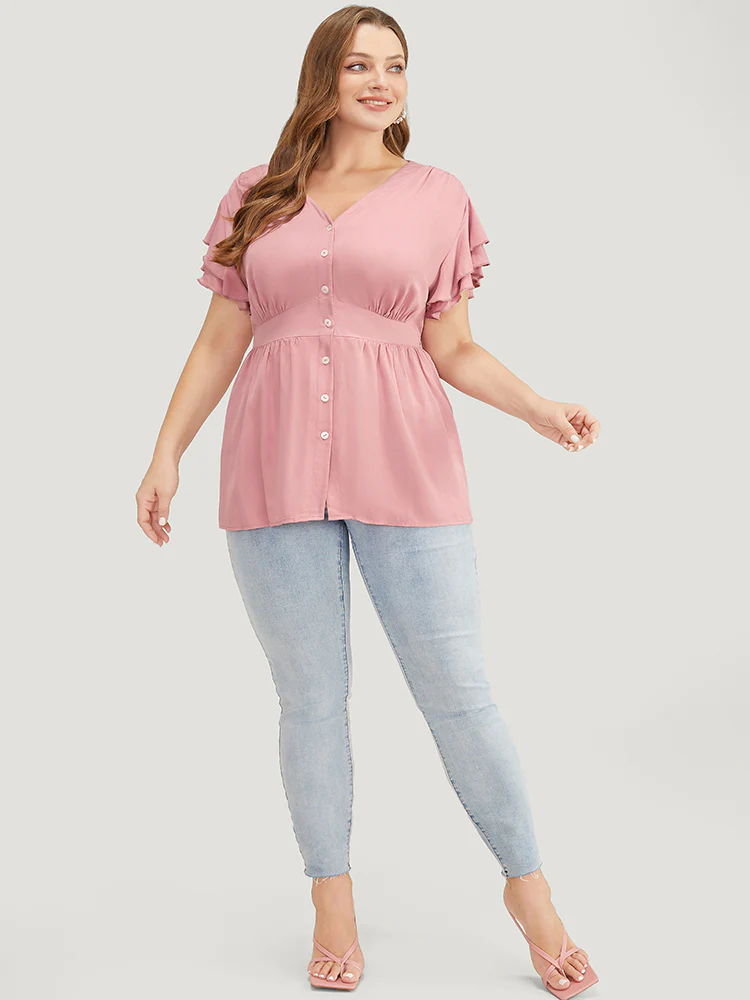 Solid Ruffle Tiered Sleeve Gathered Button Up Blouse - Image 5