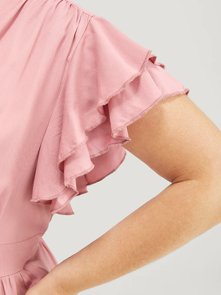 Solid Ruffle Tiered Sleeve Gathered Button Up Blouse - Image 6